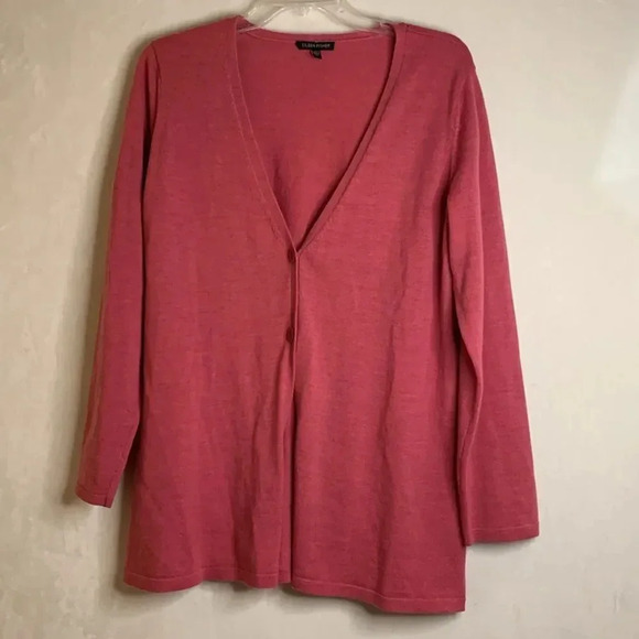 Eileen Fisher Merino Wool Pink Fushia Two Button V Neck Cardigan Size Large - Picture 1 of 13